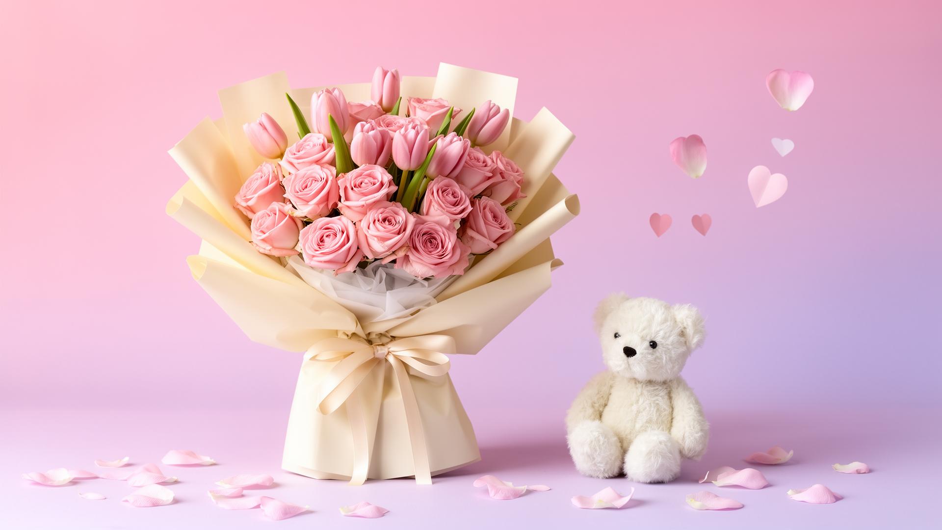 Cute pastel pink bouquet with teddy bear — Mochi Flowers